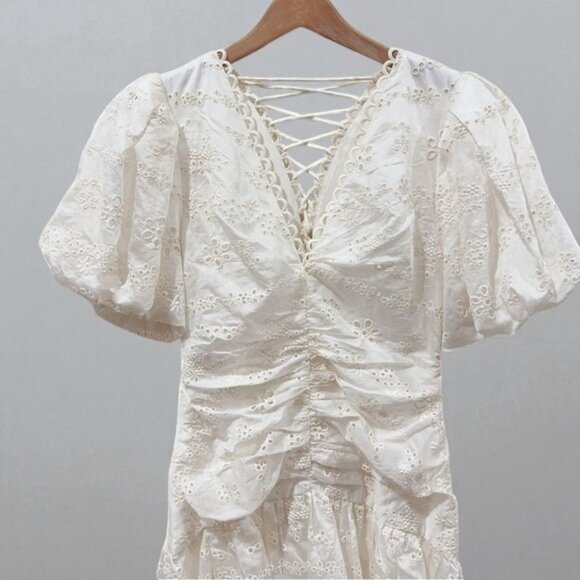 NWT ASTR Eyelet Puff Sleeve Tiered Cotton Midi Dress One Size - Picture 6 of 6